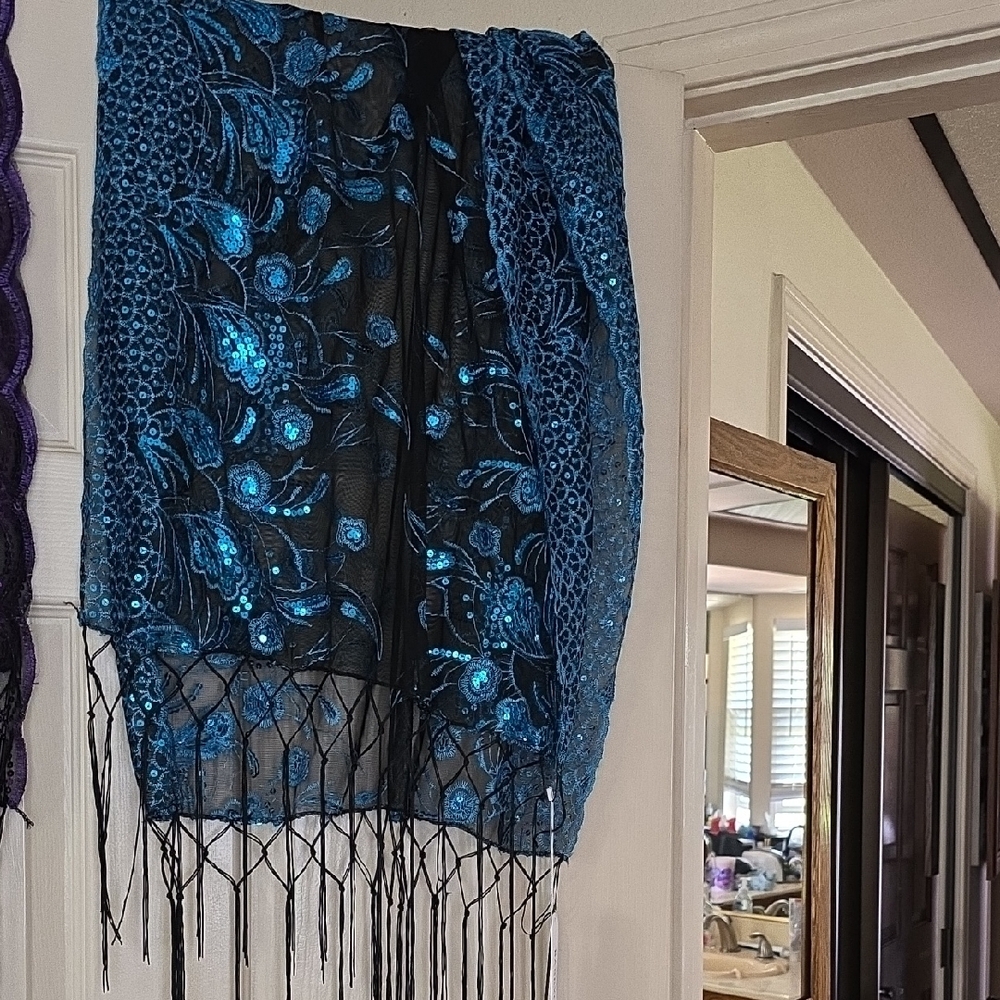 Blue and Black Floral Shawl with Fringe